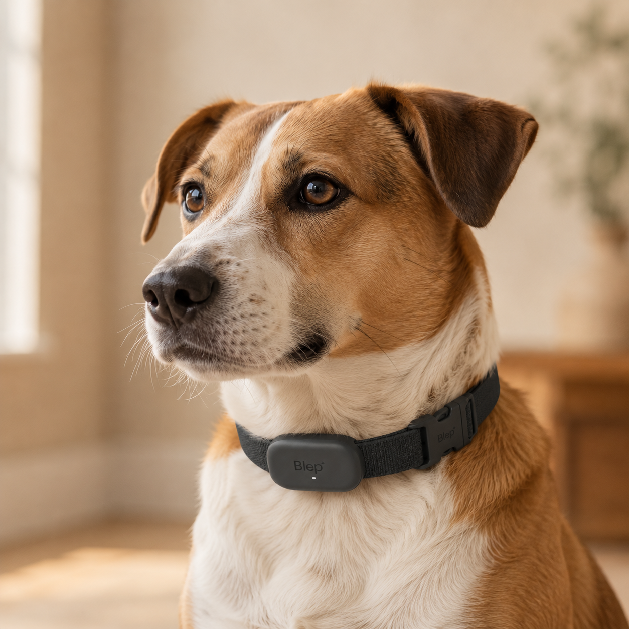 A happy brown and white dog wearing the soft Blep collar