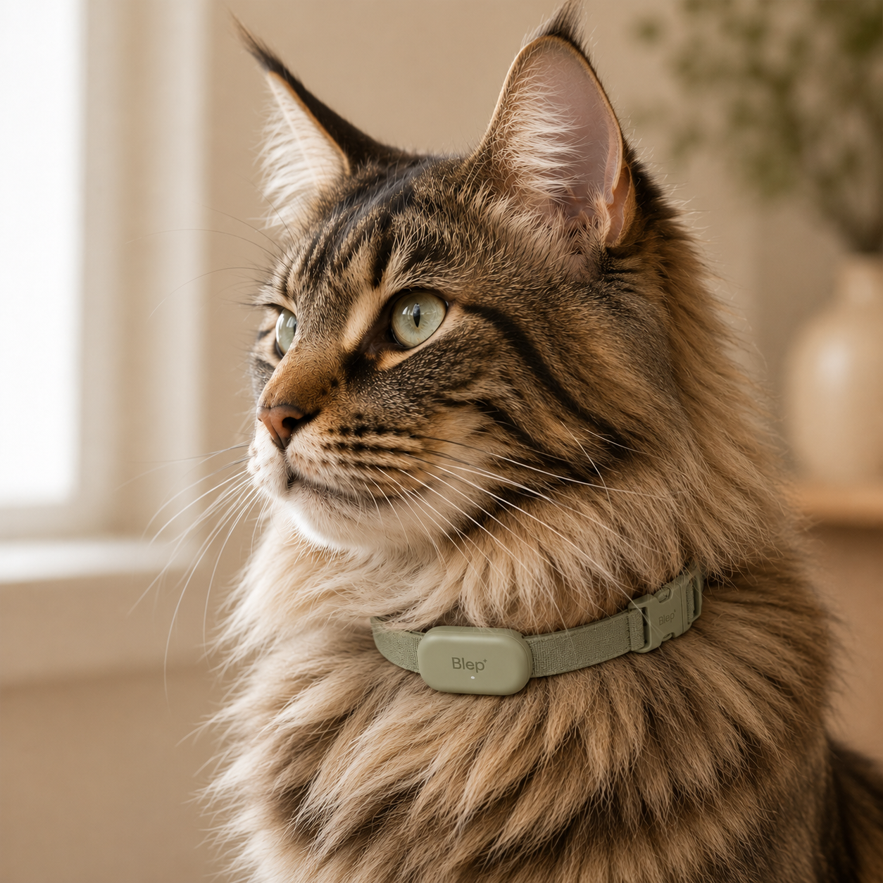 A grey Russian Blue cat wearing a soft lavender Blep collar