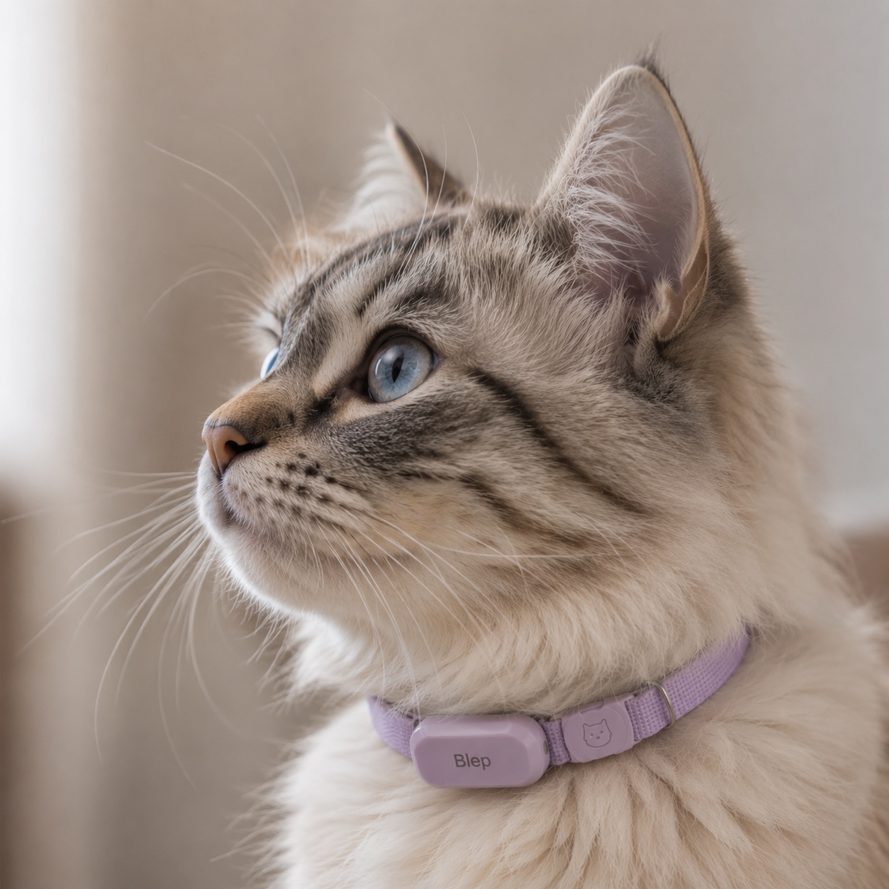 A soft grey Siberian cat with blue eyes wearing the Blep collar