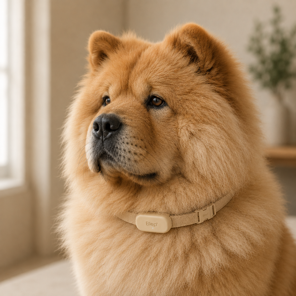 A fluffy Chow Chow dog wearing a beige Blep collar