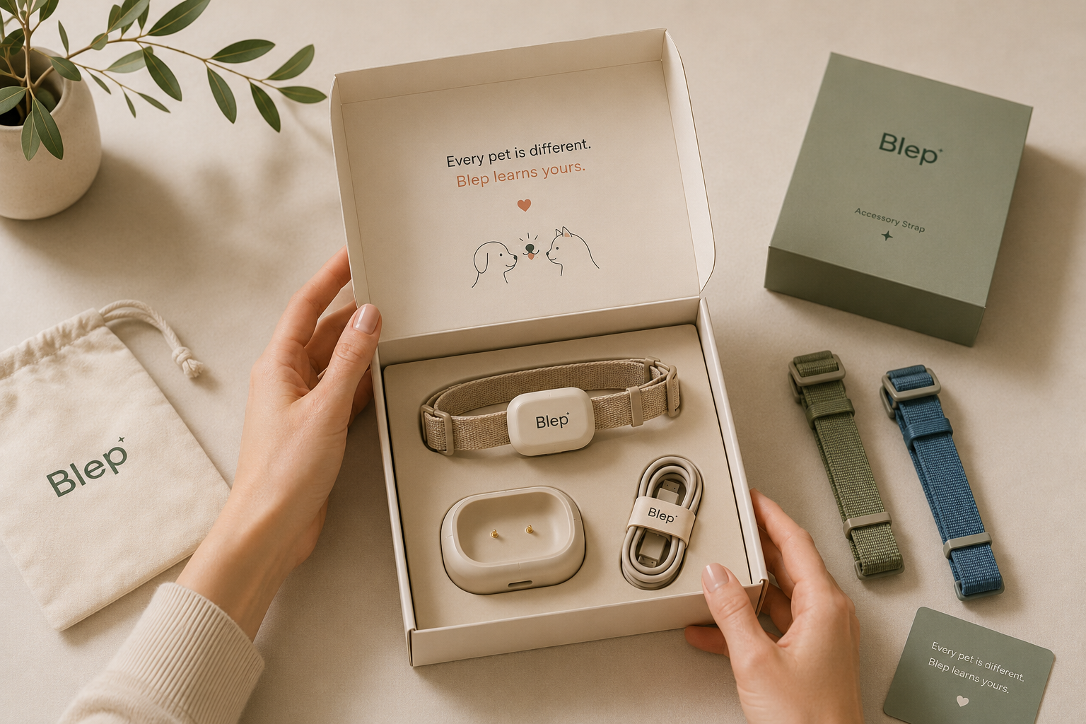 Hands opening a Blep box with the collar, charging dock, cable, accessory strap box and two extra colored straps laid out on a neutral surface